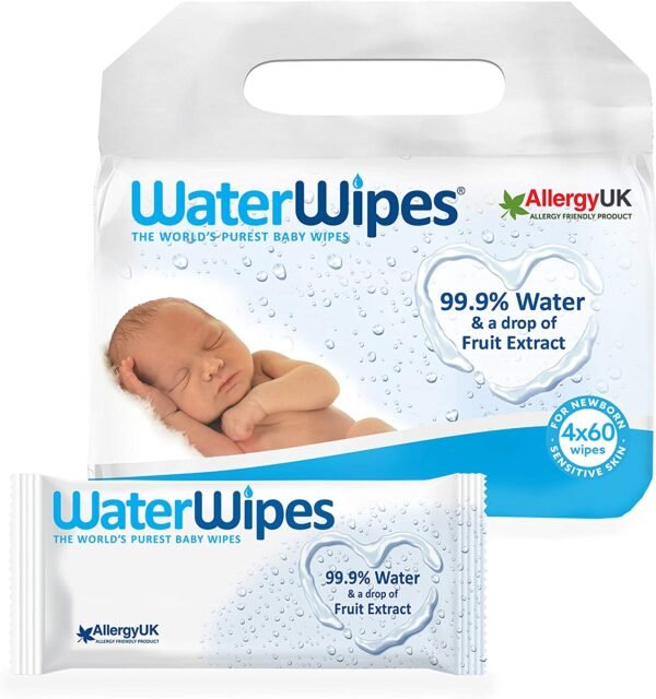 WATERWIPES – SENSITIVE BABY WIPES – PACK of 4 POUCHES x 60 SHEETS, 240 WIPES